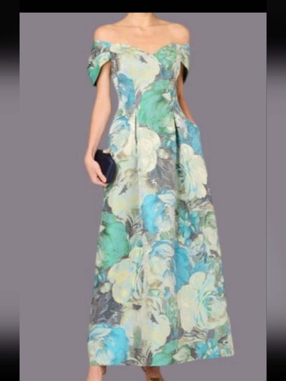 NWT Aidan Mattox Floral Jacquard Off Shoulder Gown Blue Multi Sz 14 $595
